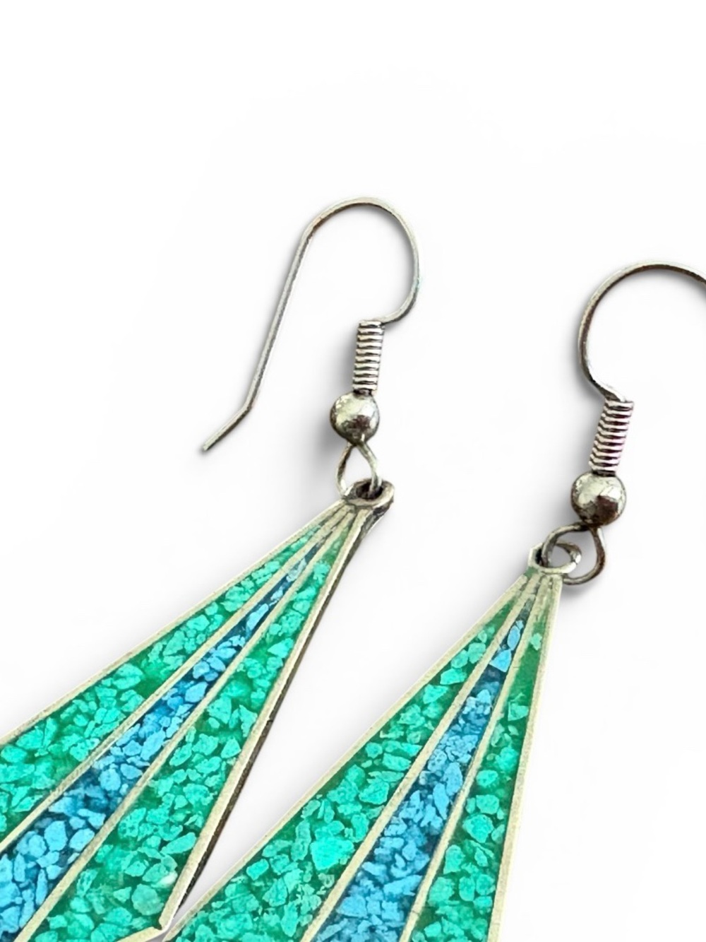 Vintage Alpaca Mexico Turquoise Inlay Dangle Earrings | Southwestern Boho - Picture 4 of 7